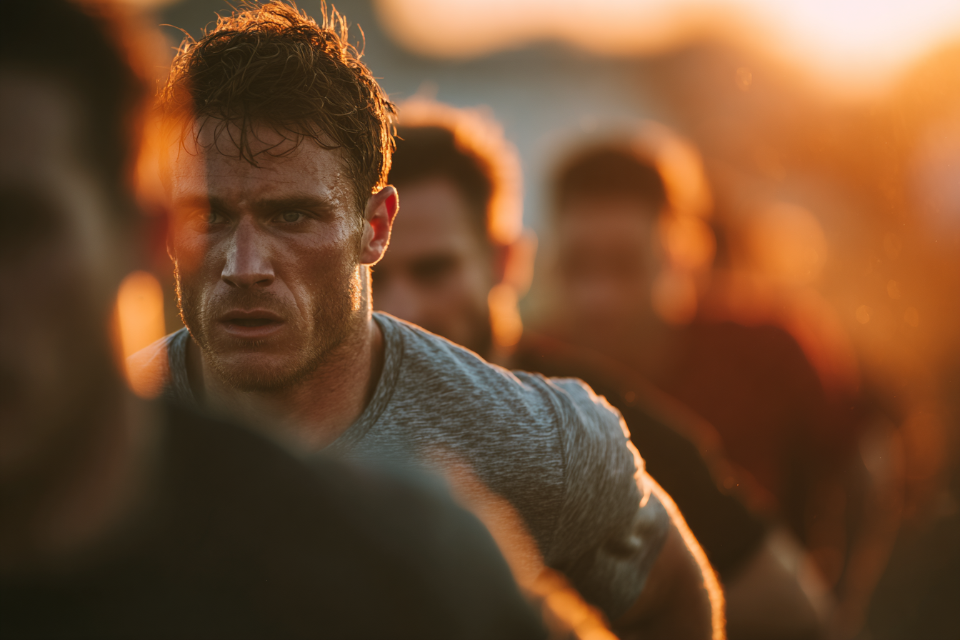 Чоловік середнього віку медитує на природі